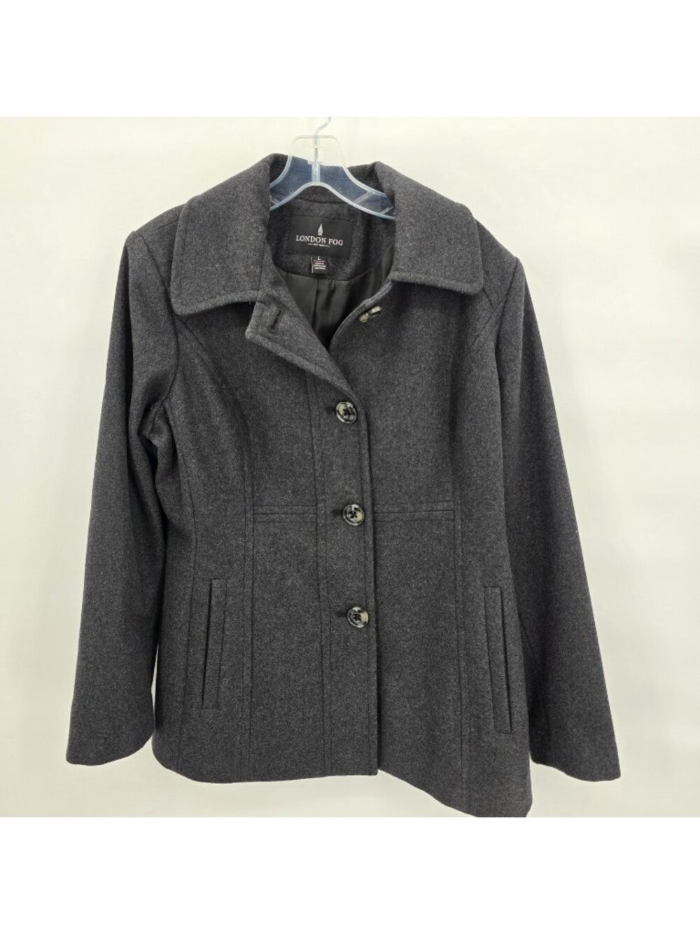 London Fog Coat Women L Gray Wool Blend Single Breasted Pea Lined Office Casual